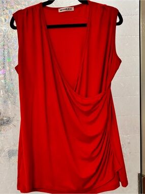 Doublju Bright Orange Sleeveless Draped V-Neck Tunic Top